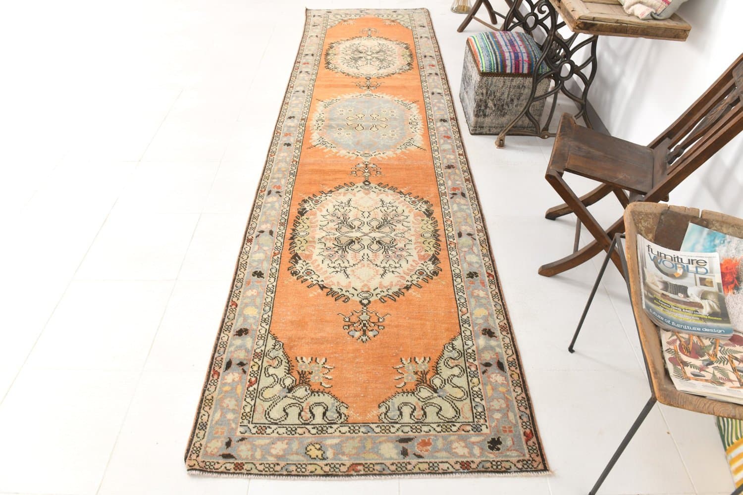 Chodnik 387x101 cm, pomarańczowy, niebieski, wełna, lata 70. - 217067