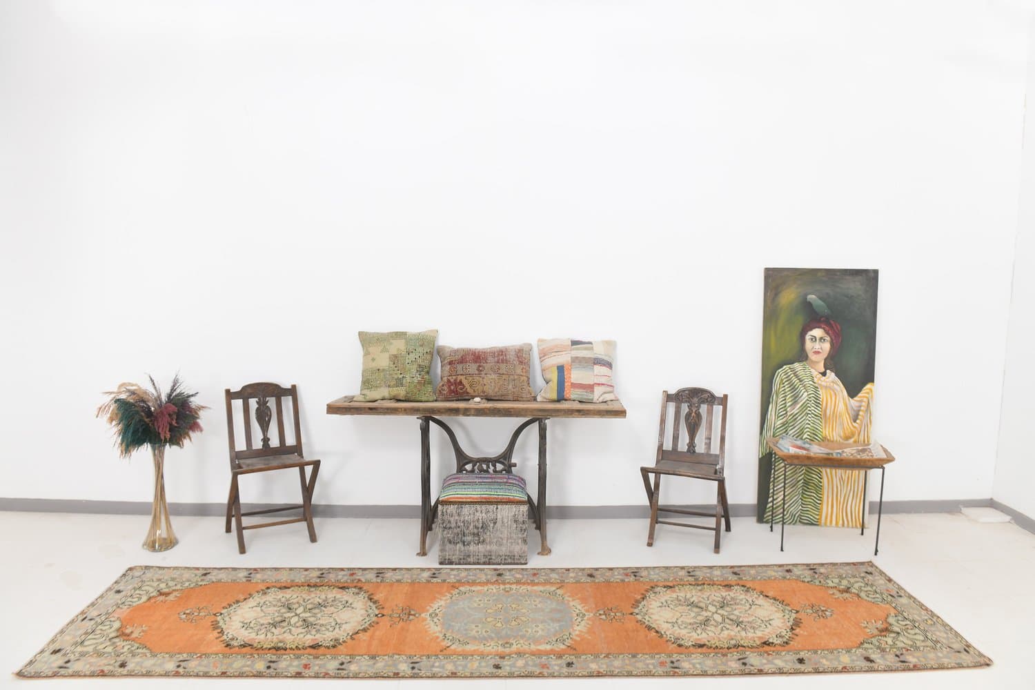 Chodnik 387x101 cm, pomarańczowy, niebieski, wełna, lata 70. - 217076