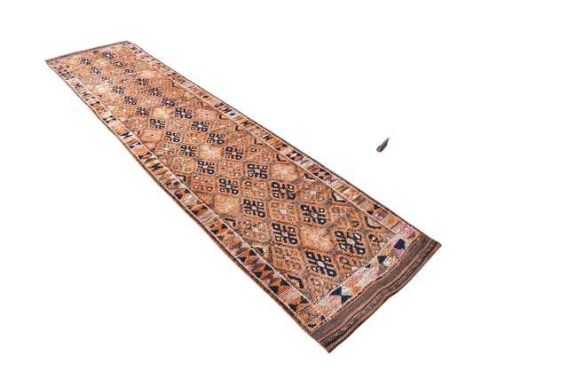 Chodnik 82x374 cm, pomarańczowy, granatowy, wełna, lata 70. - WYMIARY