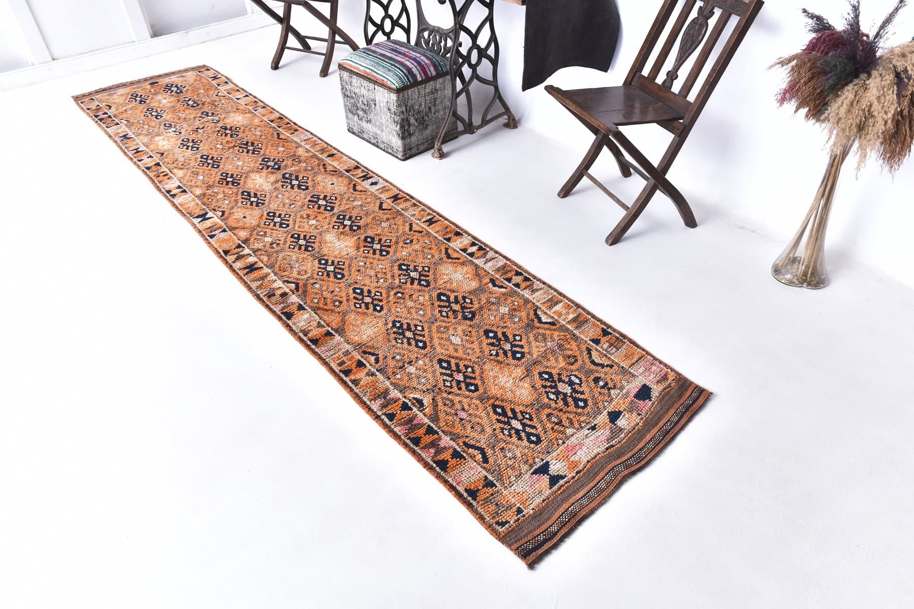 Chodnik 82x374 cm, pomarańczowy, granatowy, wełna, lata 70. - 217065