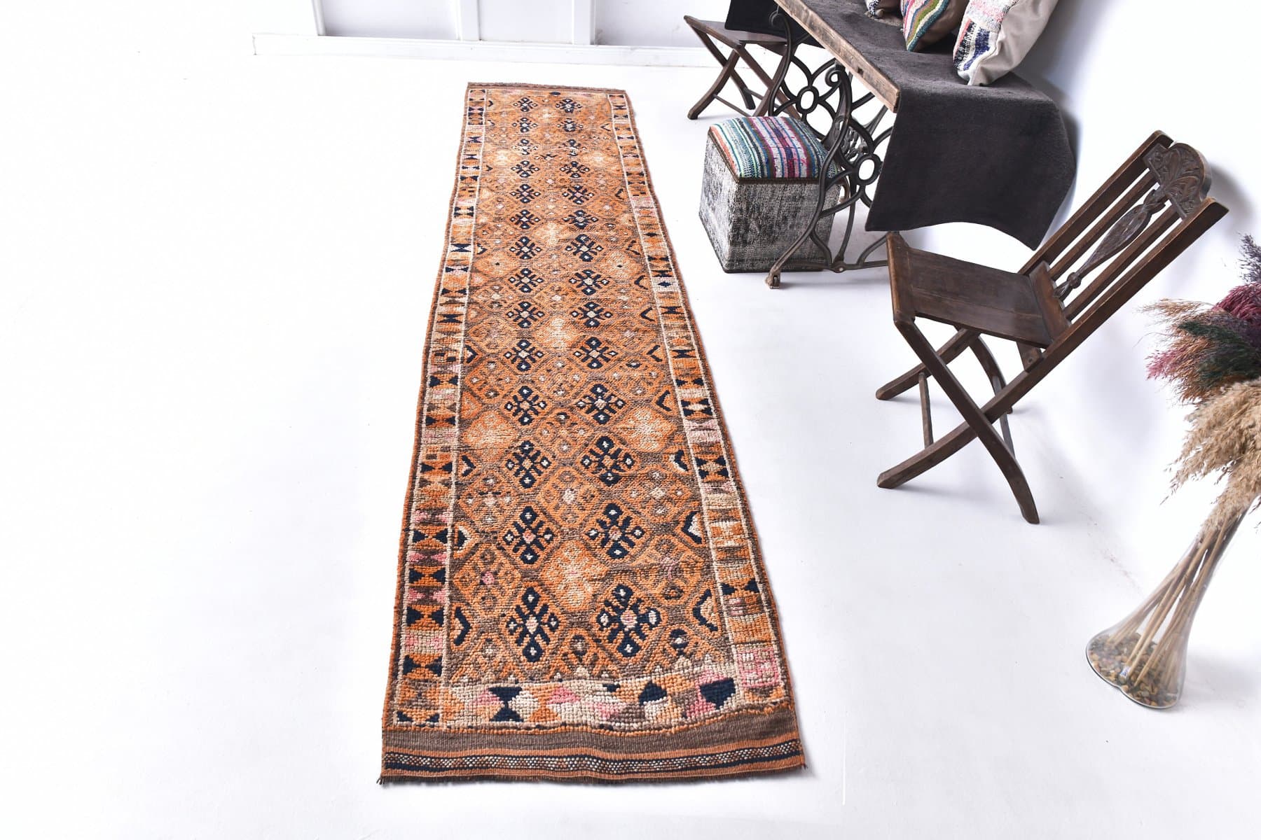 Chodnik 82x374 cm, pomarańczowy, granatowy, wełna, lata 70. - 217057