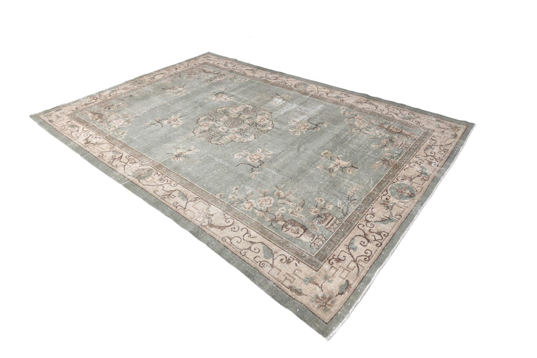 Dywan 298x203 cm, zielony, beżowy, wełna, lata 70.