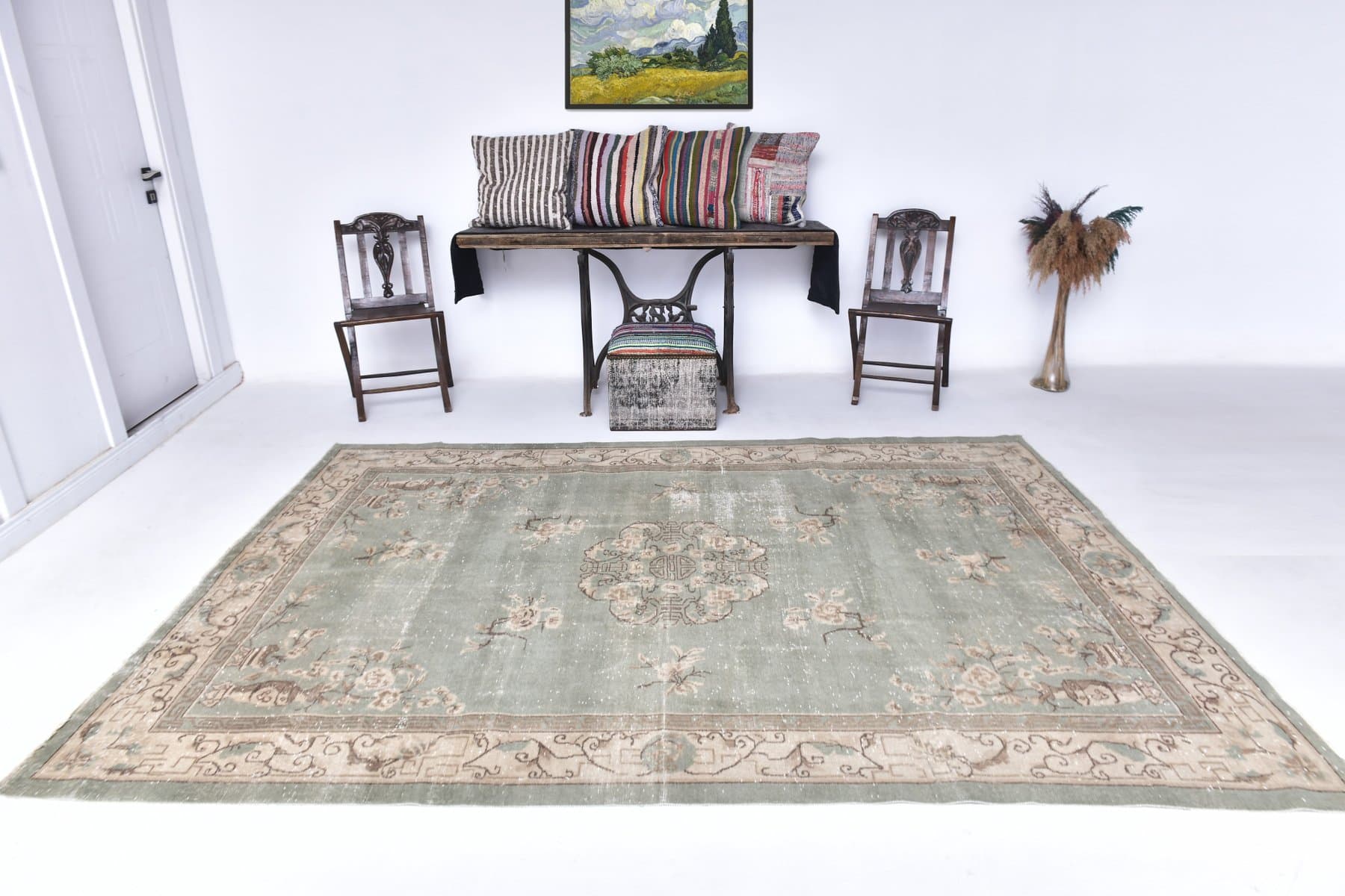 Dywan 298x203 cm, zielony, beżowy, wełna, lata 70. - 217038