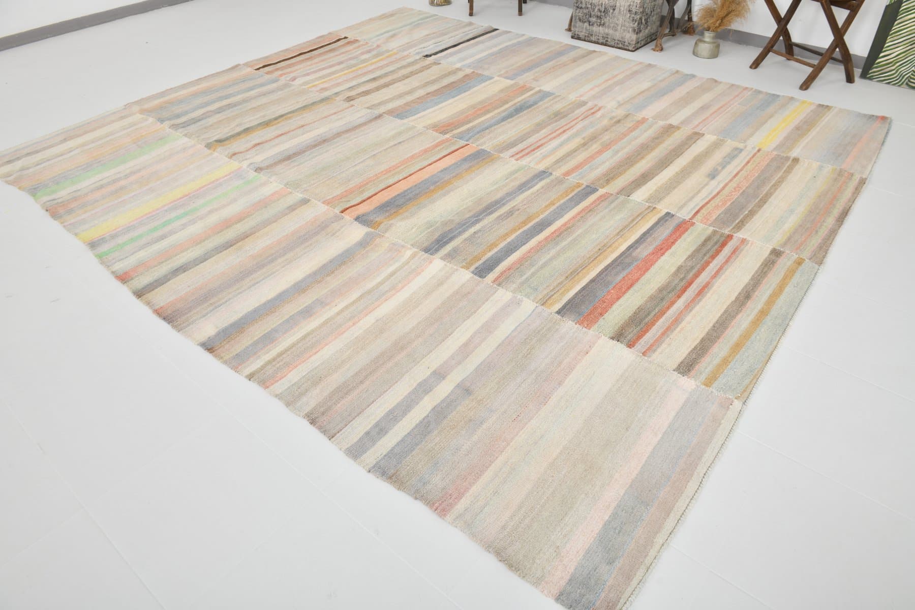 Kilim 344x308 cm, blond, konopie, lata 70. - 216967