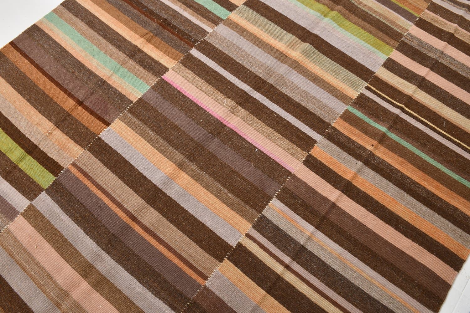 Kilim 291x210 cm, brązowy, zielony, wełna, Turcja, lata 70. - 216863