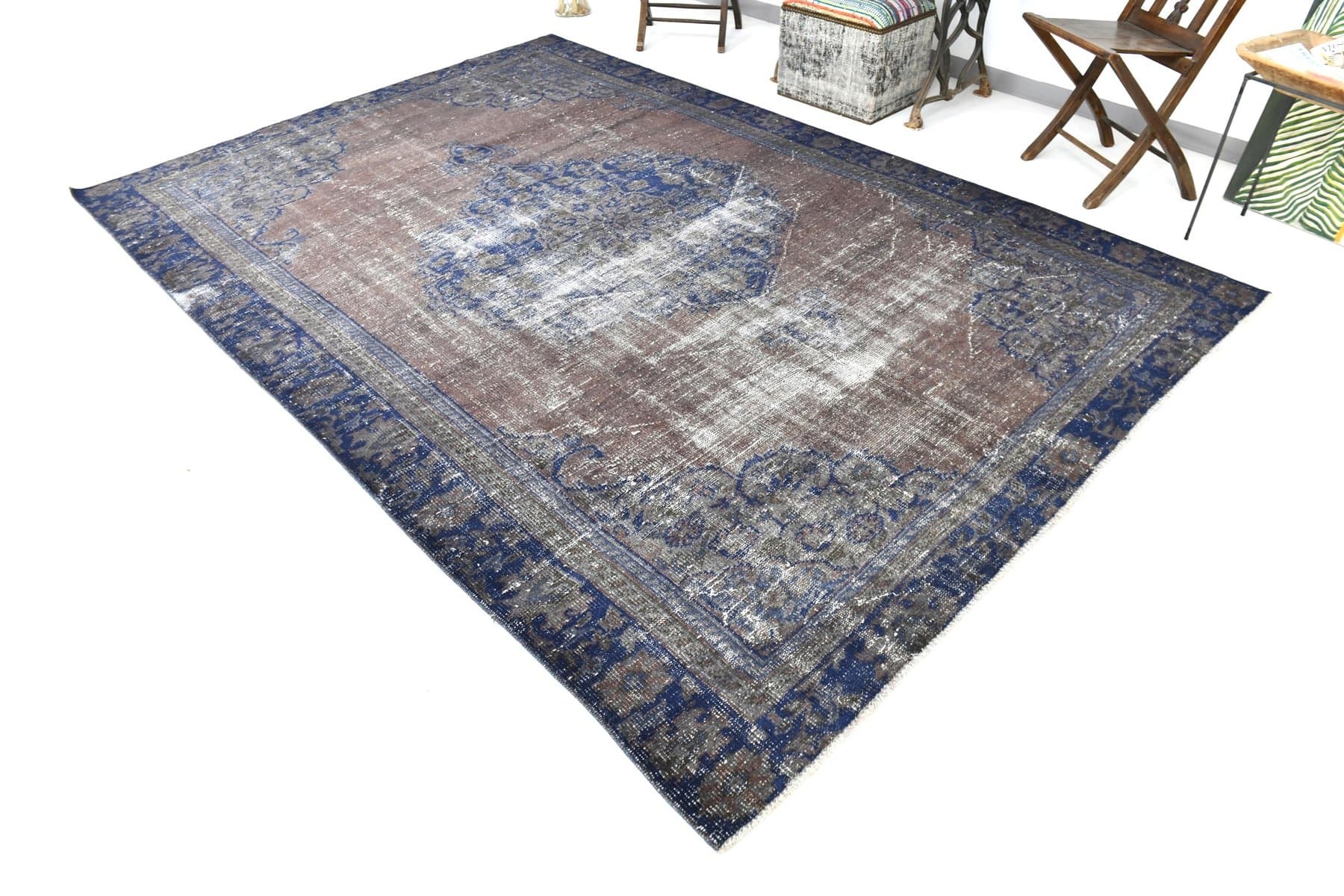 Dywan 320x218 cm, srebrny, granatowy, wełna, lata 70. - 216837