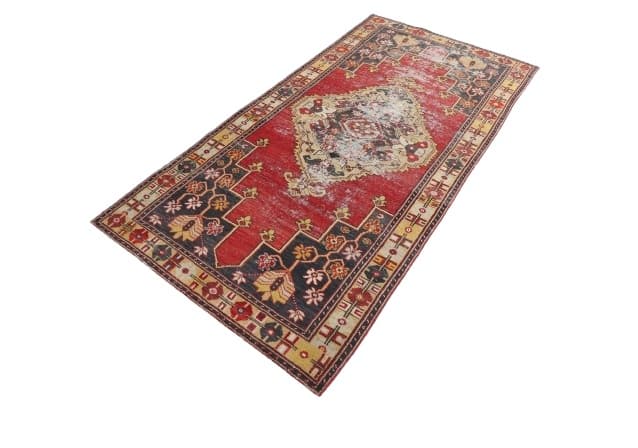 Rug 123x248 cm, red, beige, wool, 1970s - DIMENSION