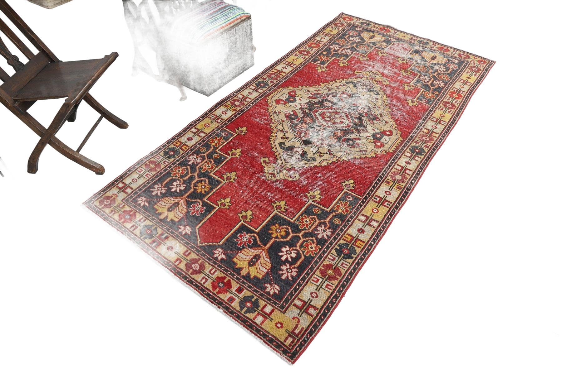 Rug 123x248 cm, red, beige, wool, 1970s - 216746