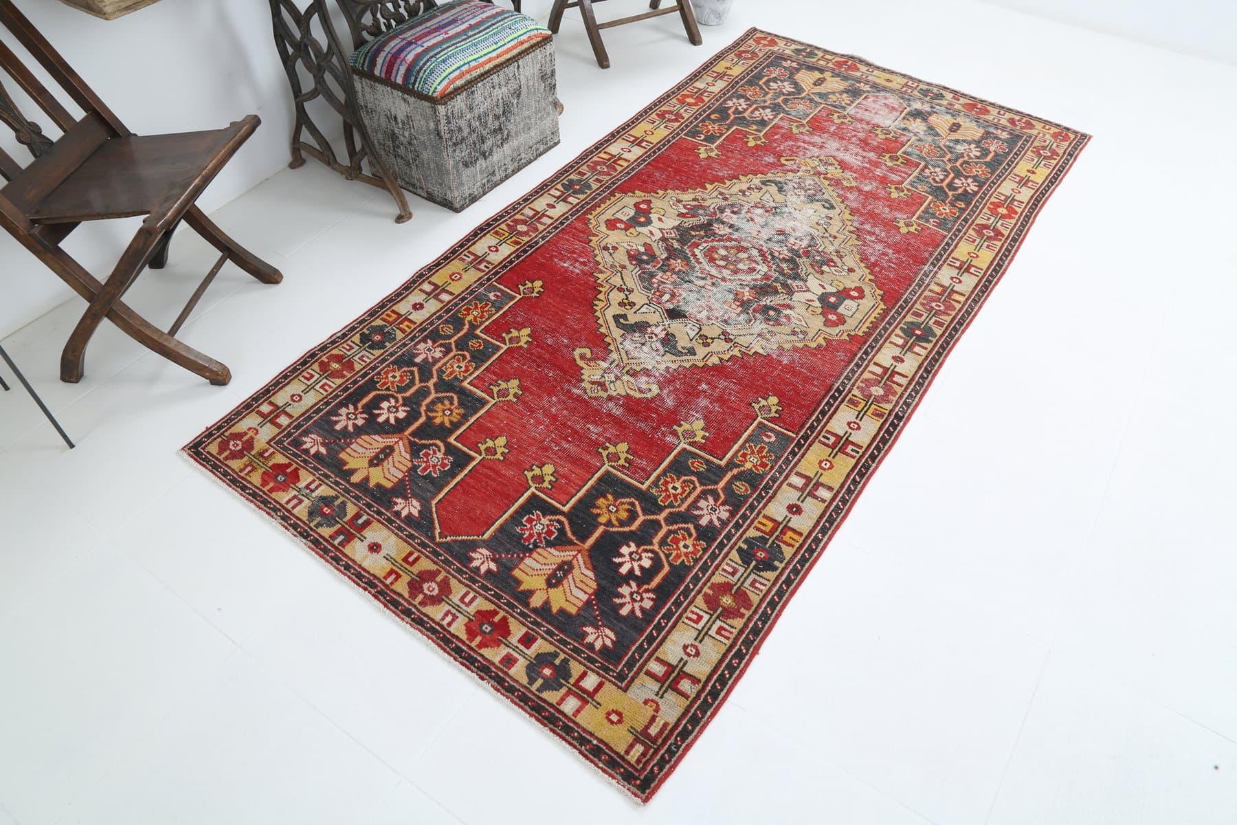 Rug 123x248 cm, red, beige, wool, 1970s - 216749