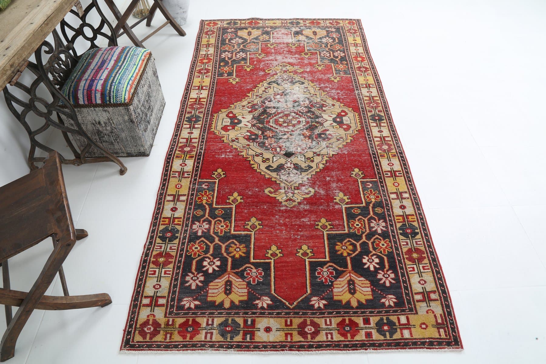 Rug 123x248 cm, red, beige, wool, 1970s - 216747