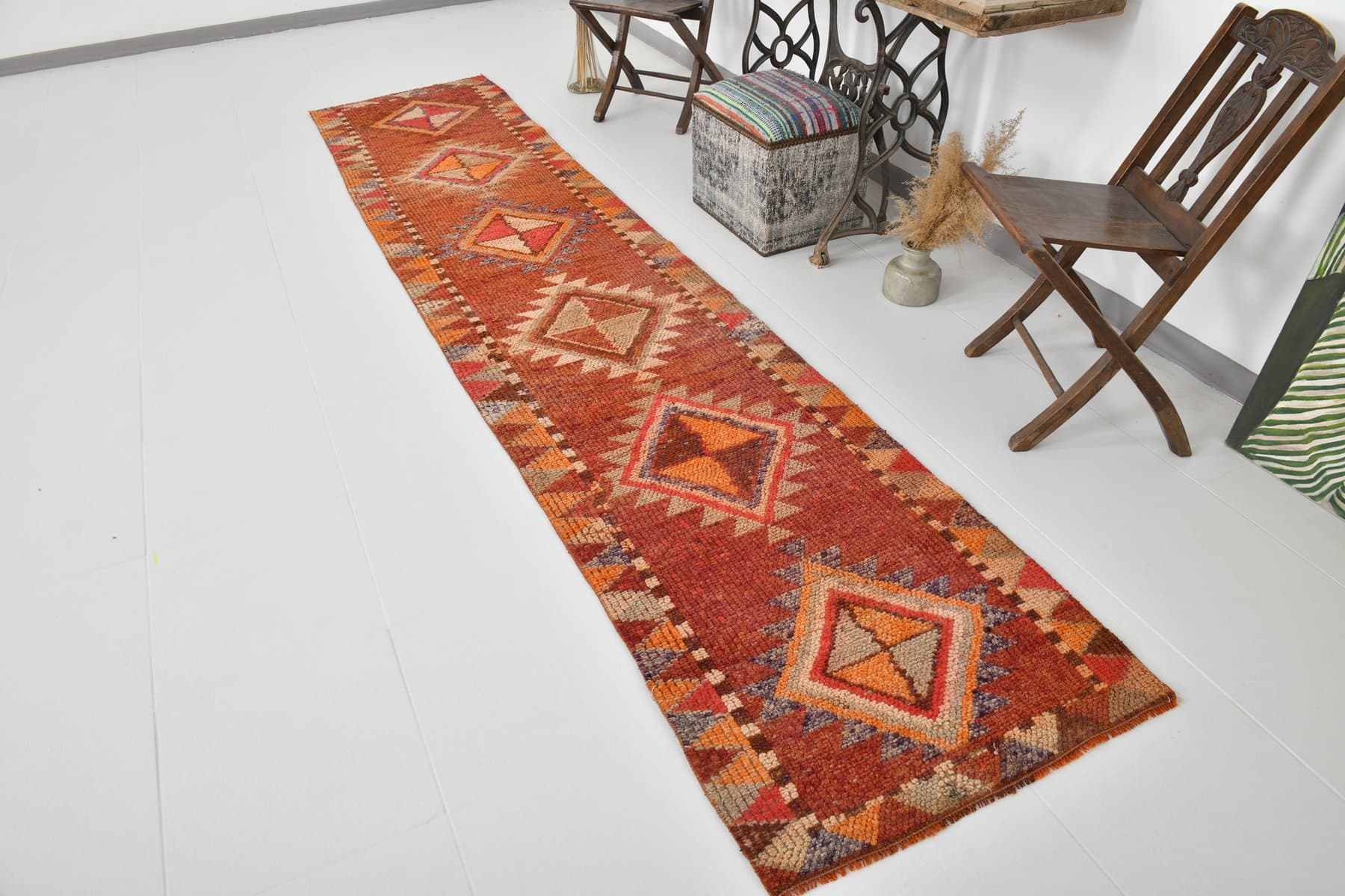 Chodnik 379x78 cm, czerwony, wełna, lata 70. - 215929