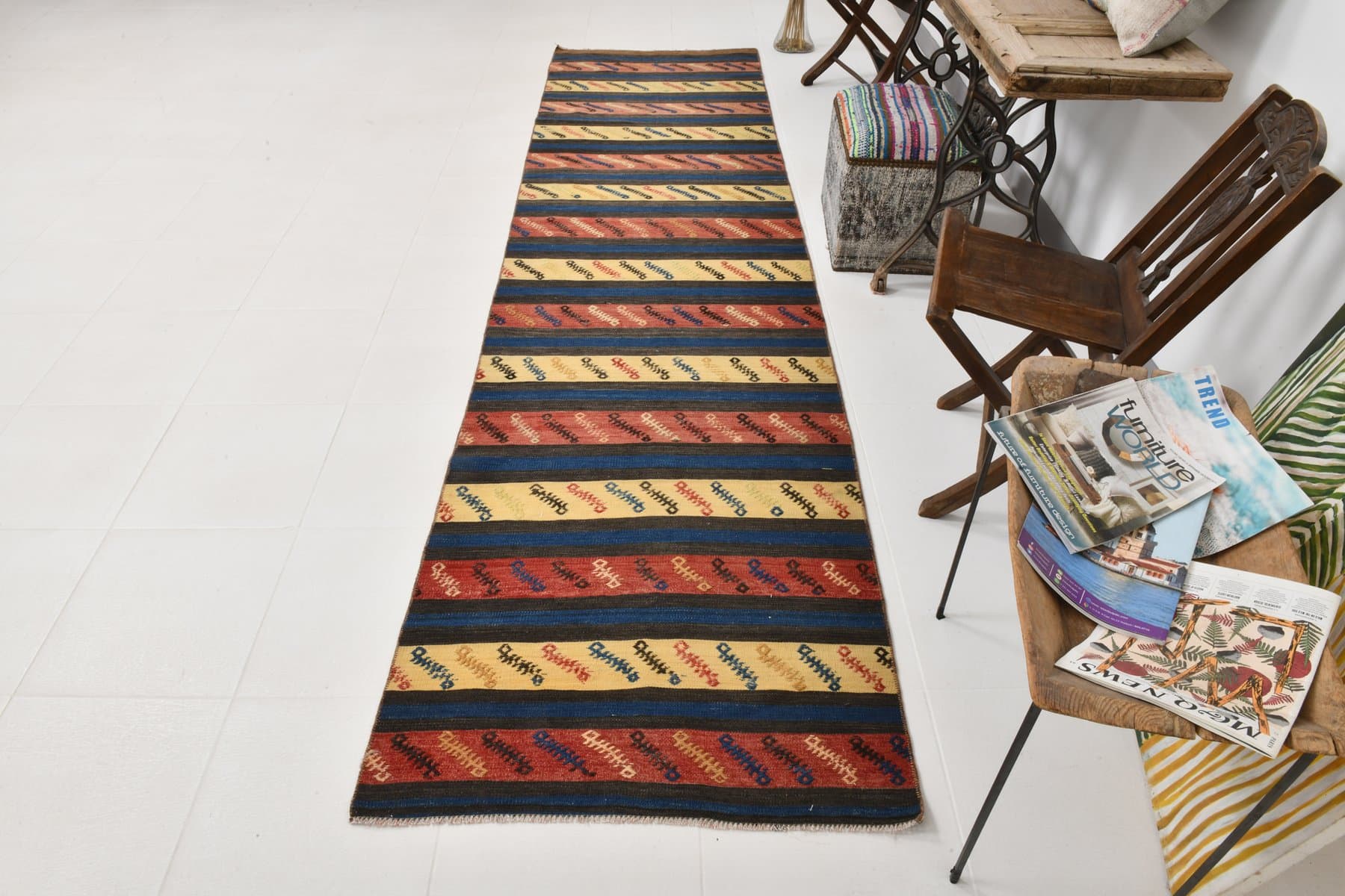 Runner 353x90 cm, navy blue, red, wool, 1970s - 215882