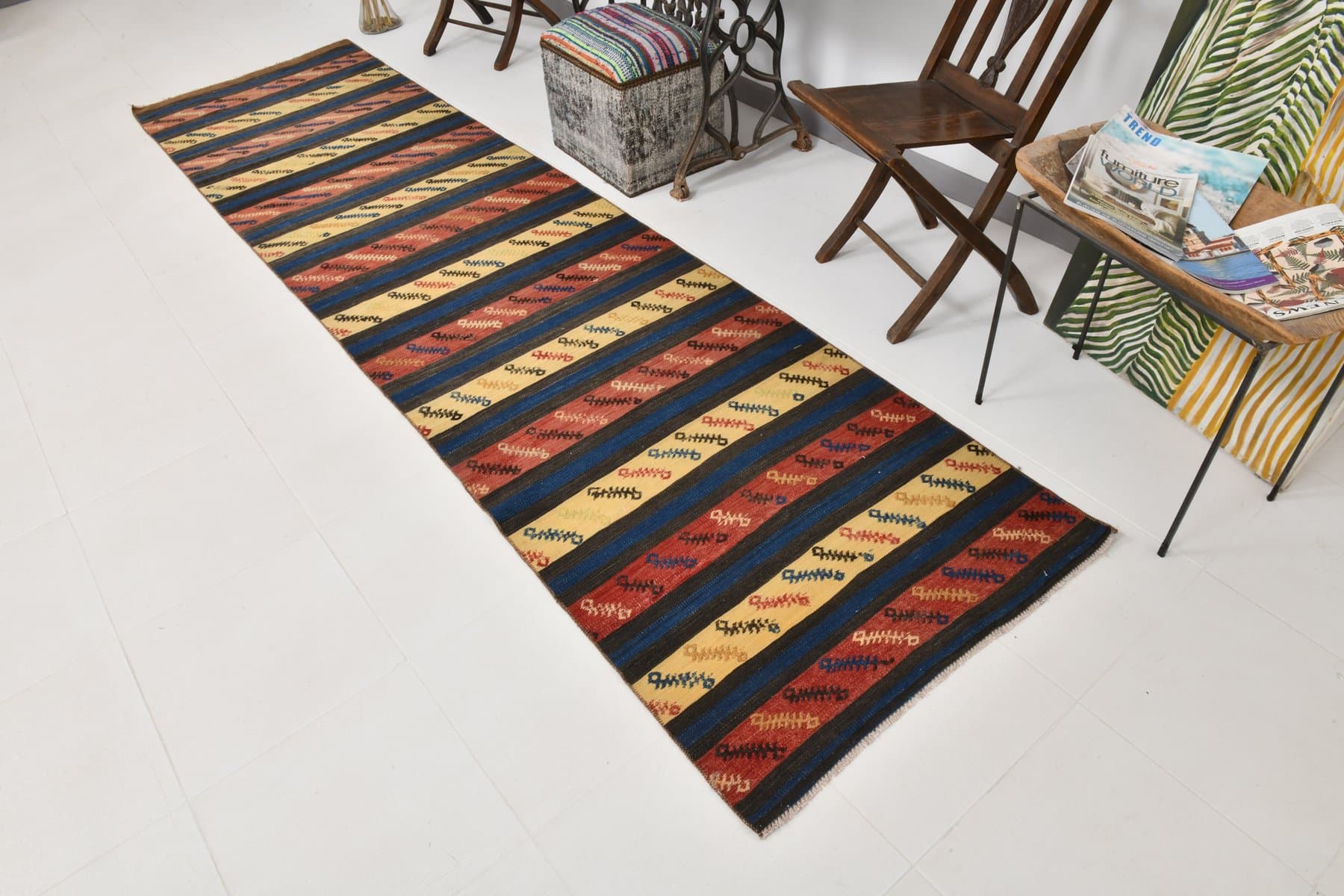 Runner 353x90 cm, navy blue, red, wool, 1970s - 215883