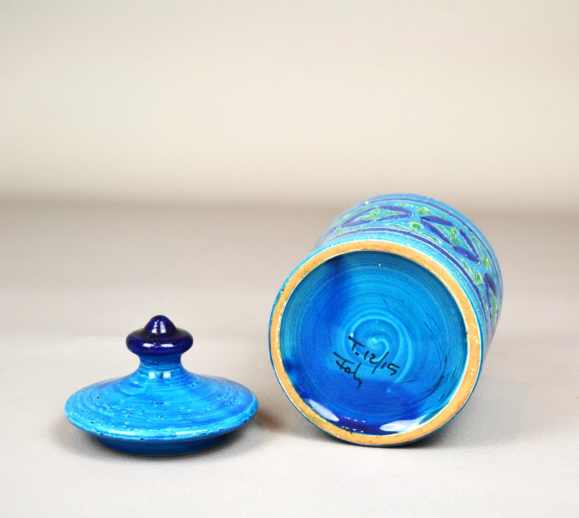 Container Rimini Blu, turquoise ceramic, by A. Londi, Bitossi, Italy, 1960s. - 64