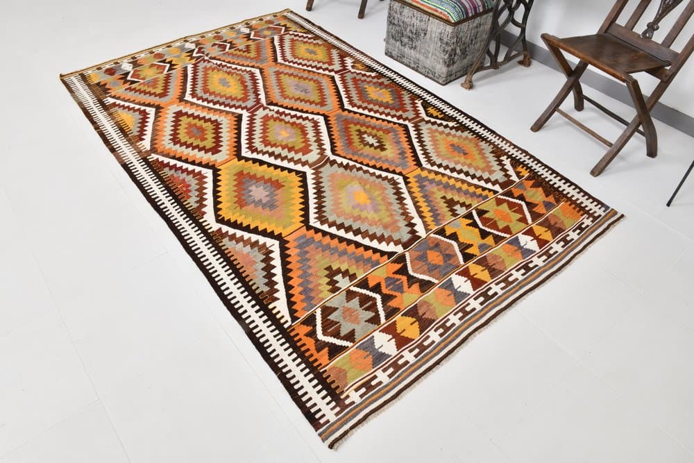 Kilim 152x250 cm, brązowy, pomarańczowy, wełna, lata 70. - 215823