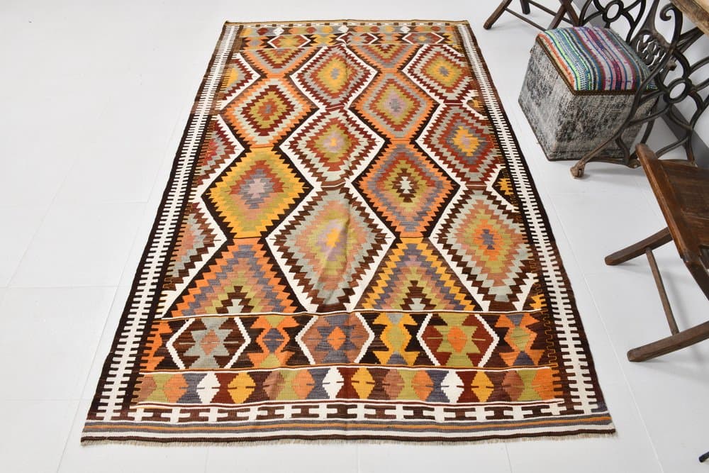 Kilim 152x250 cm, brązowy, pomarańczowy, wełna, lata 70. - 215824