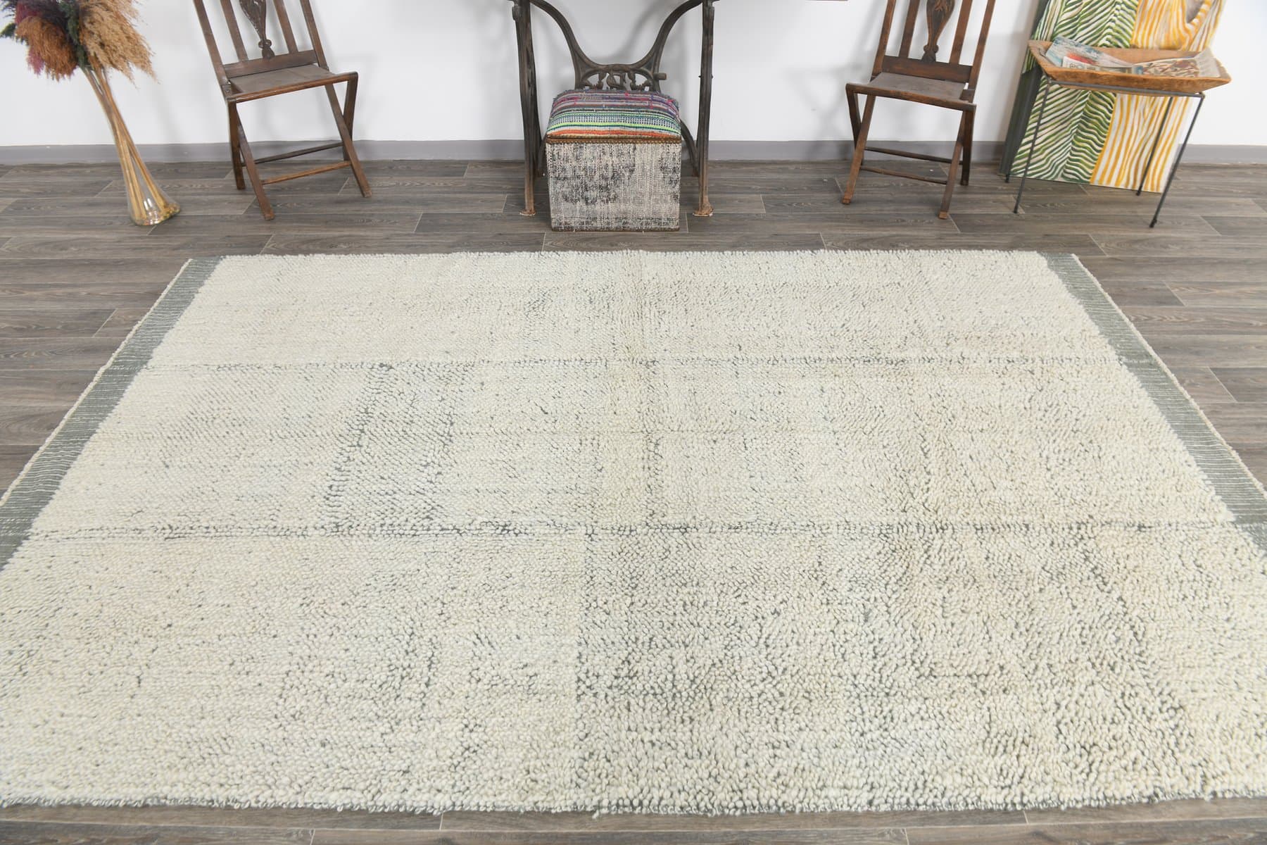 Kilim 197x307 cm, ivory white, grey, wool, 1970s - 215801