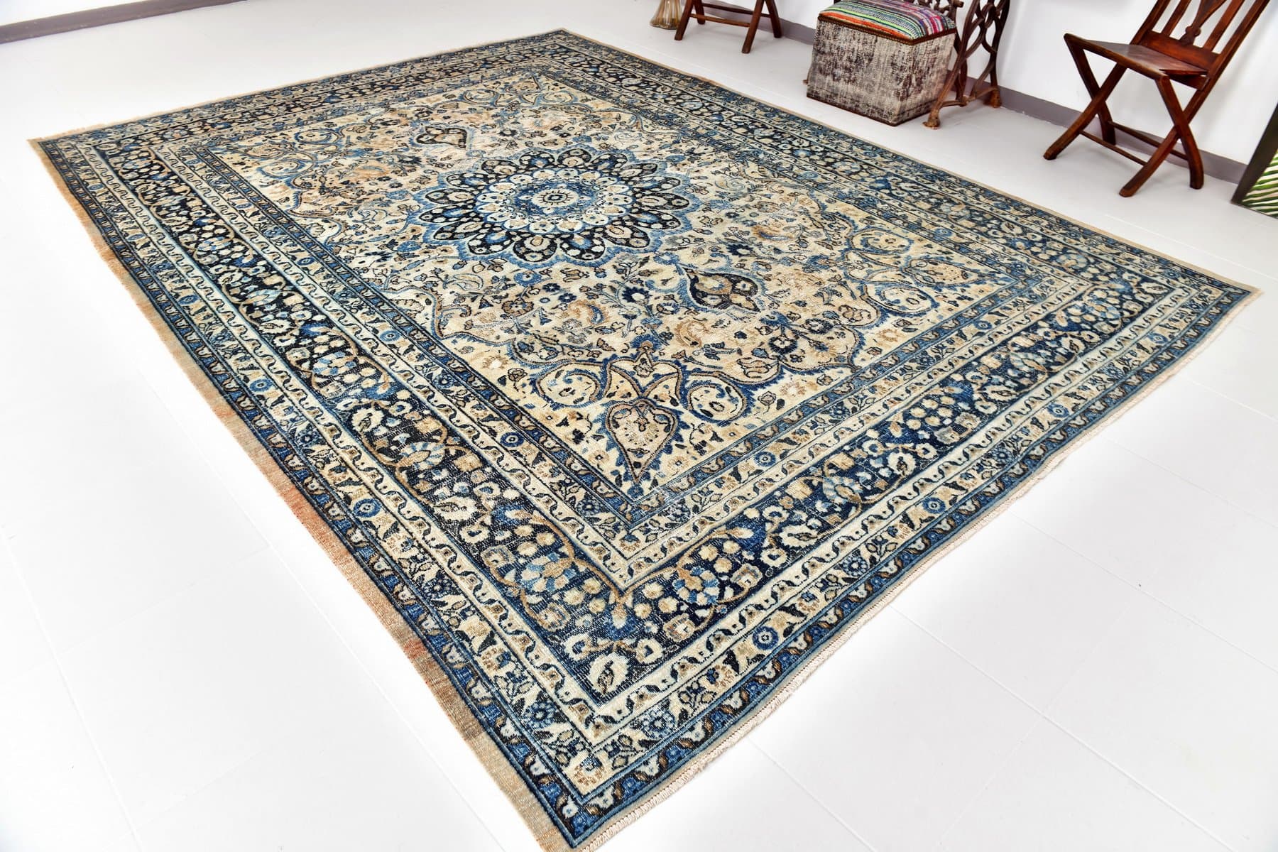 Rug 343x260 cm, turquoise, grey, wool, 1960s - 215740