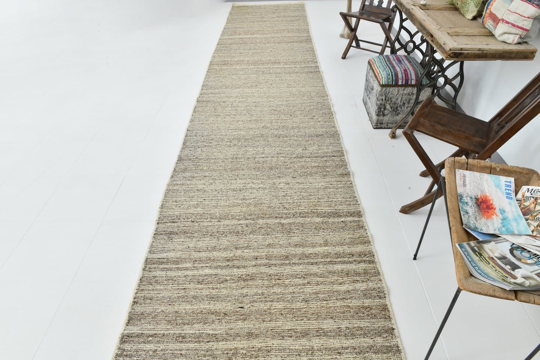 Chodnik 114x632 cm, beżowy, brązowy, wełna, lata 70. - 215715