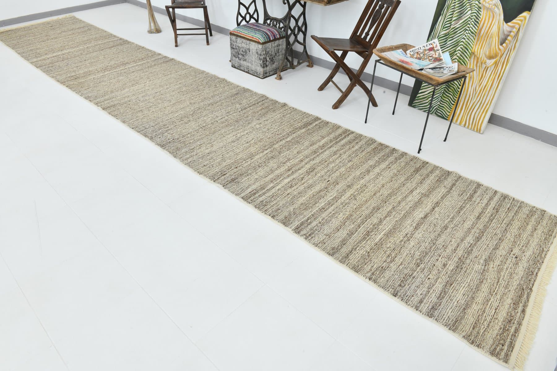 Chodnik 114x632 cm, beżowy, brązowy, wełna, lata 70. - 215719