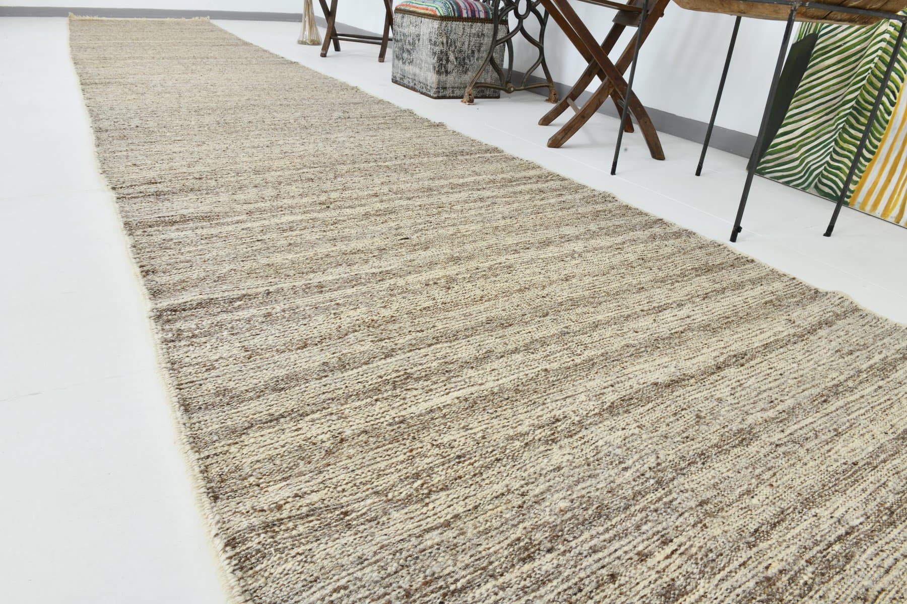 Chodnik 114x632 cm, beżowy, brązowy, wełna, lata 70. - 215718