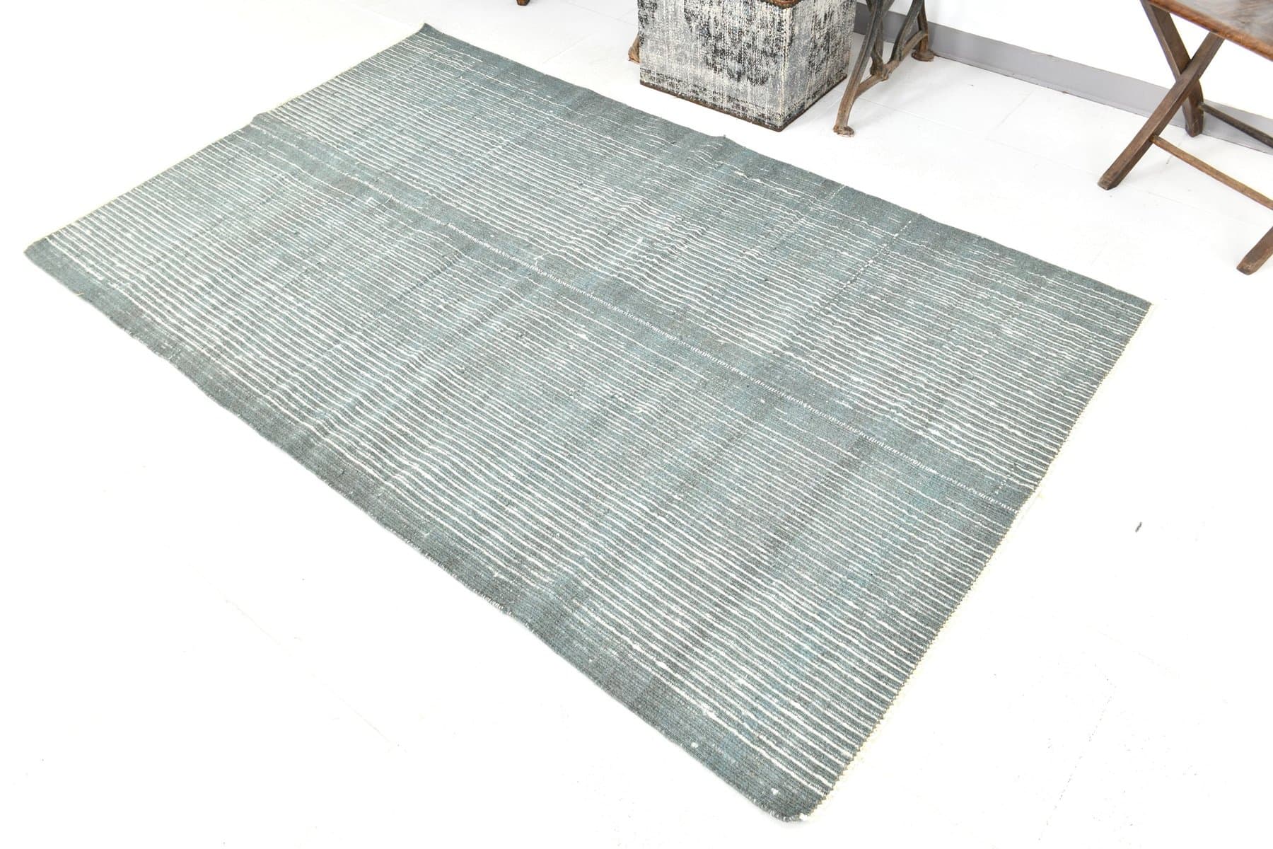 Kilim 221x135 cm, turkusowy, wełna, lata 70. - 215694
