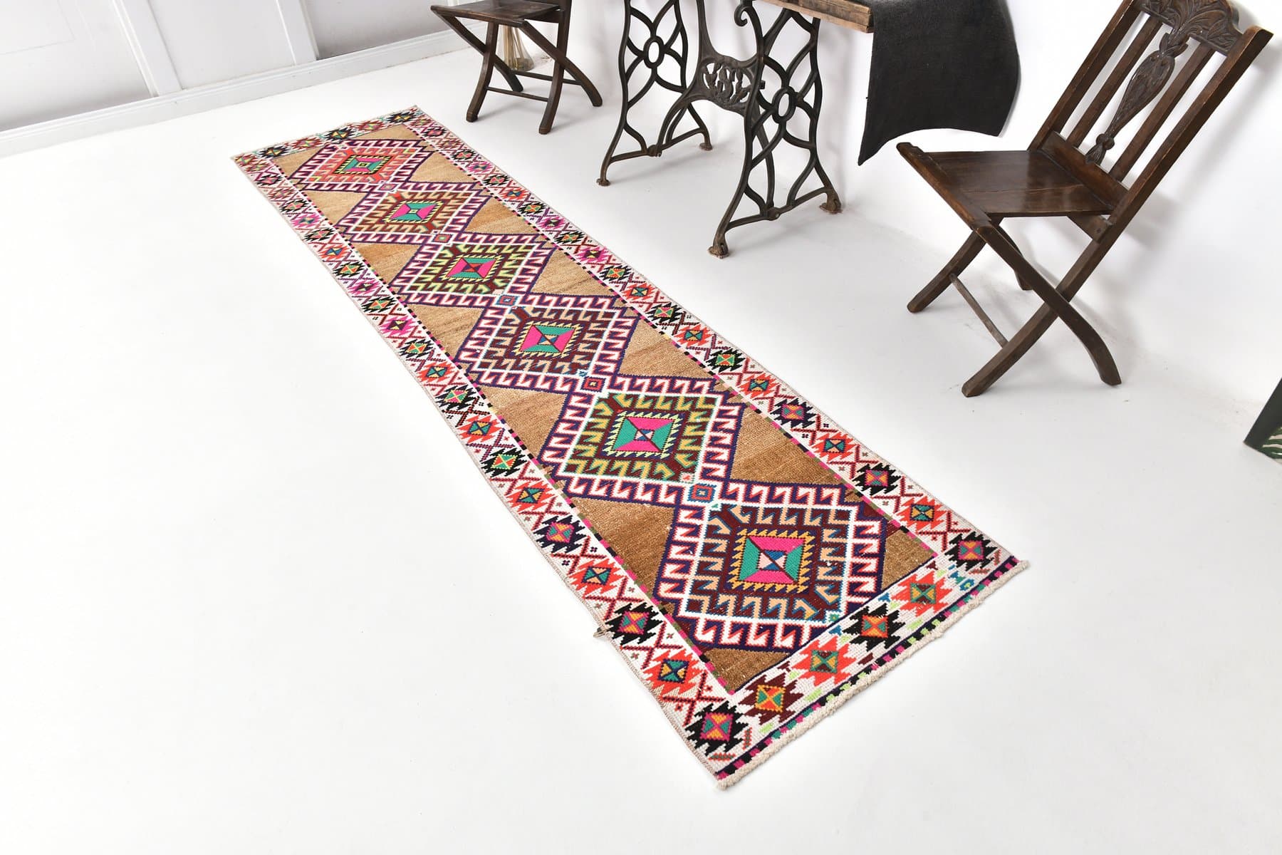 Runner 77x316 cm, brown, green, wool, 1970s - 216602