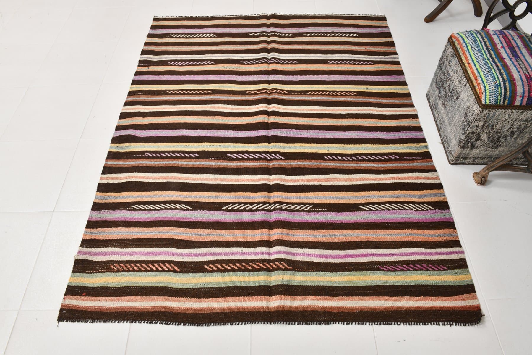 Kilim 191x145 cm, brązowy, wełna, lata 70. - 216542