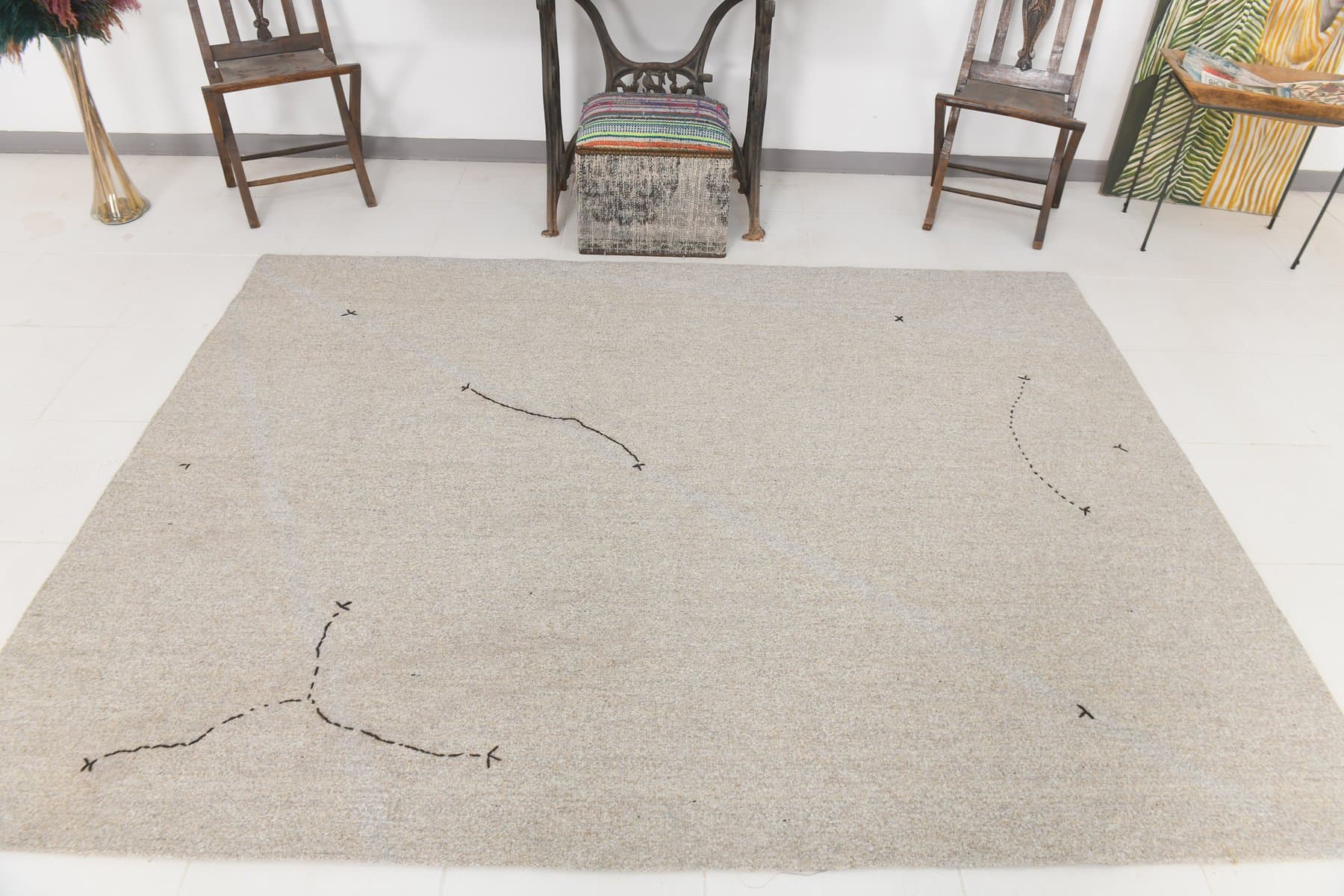 Kilim 252x187 cm, beżowy, wełna, lata 70. - 216521