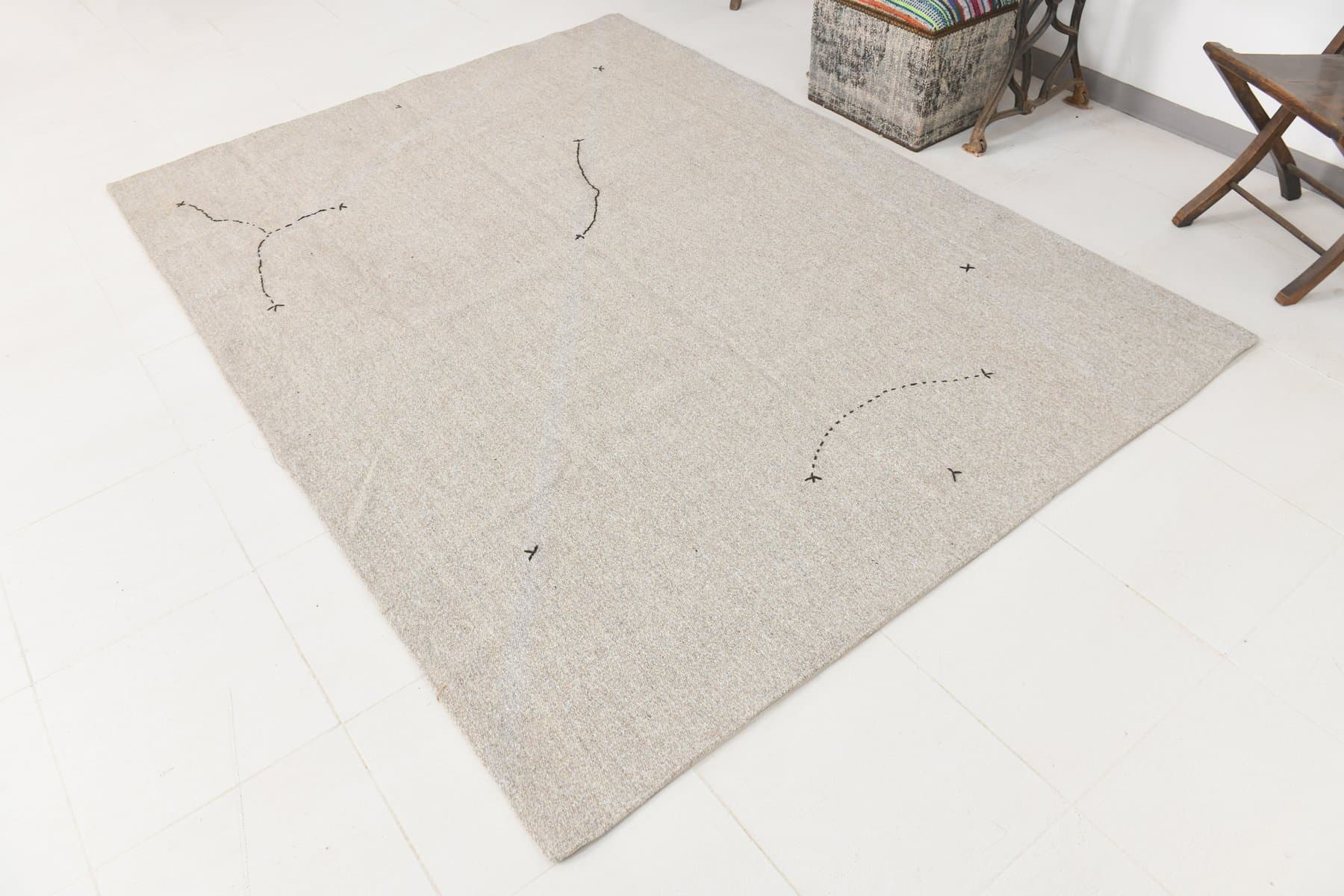 Kilim 252x187 cm, beżowy, wełna, lata 70. - 216520