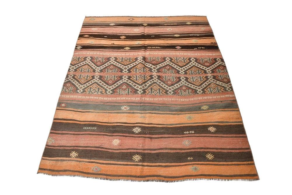 Kilim 148x184 cm, szary, pomarańczowy, wełna, lata 70.