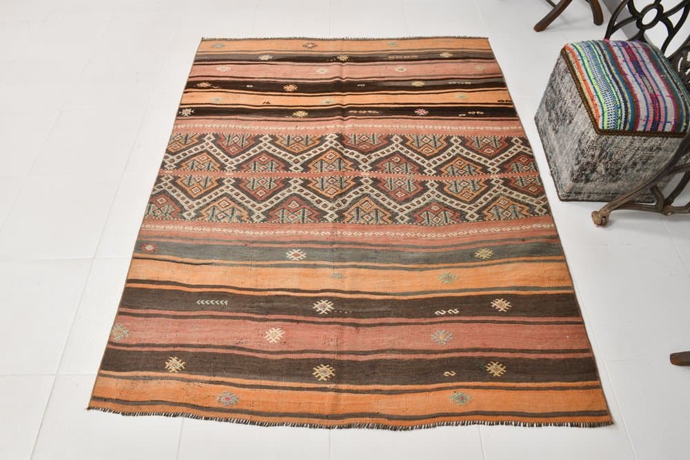Kilim 148x184 cm, szary, pomarańczowy, wełna, lata 70. - 216446