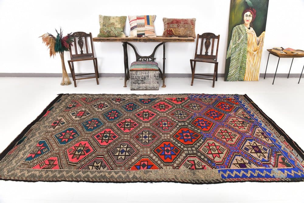 Kilim 178x297 cm, brązowy, różowy, wełna, lata 70. - 216436
