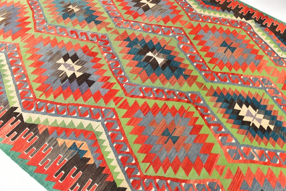 Kilim 300x200 cm, czerwony, oliwkowy, wełna, lata 70. - 216425