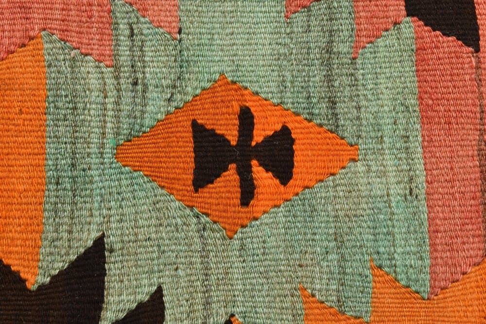 Kilim 132x84 cm, czerwony, zielony, wełna, lata 70. - 216416