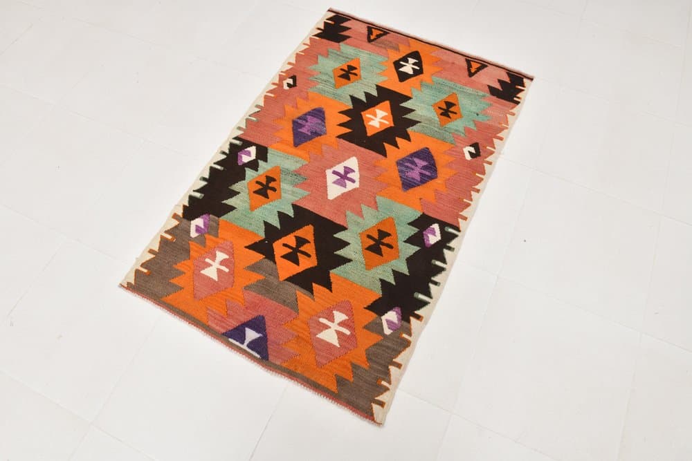 Kilim 132x84 cm, czerwony, zielony, wełna, lata 70. - 216411