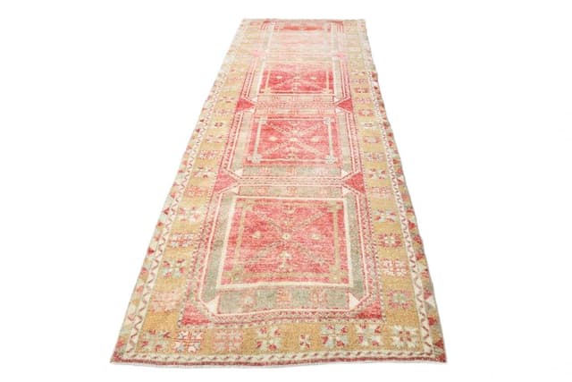 Dywan 123x339 cm, koralowy, beżowy, wełna, lata 70. - WYMIARY