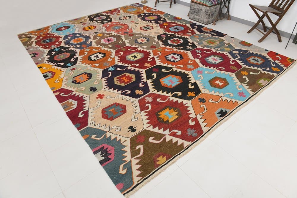 Kilim 385x286 cm, czerwony, niebieski, wełna, Turcja, lata 70. - 216191