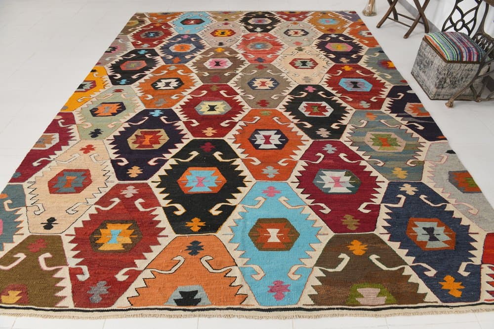 Kilim 385x286 cm, czerwony, niebieski, wełna, Turcja, lata 70. - 216186
