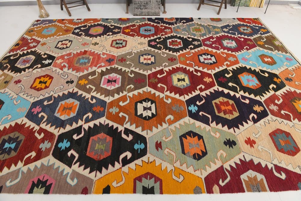 Kilim 385x286 cm, czerwony, niebieski, wełna, Turcja, lata 70. - 216190