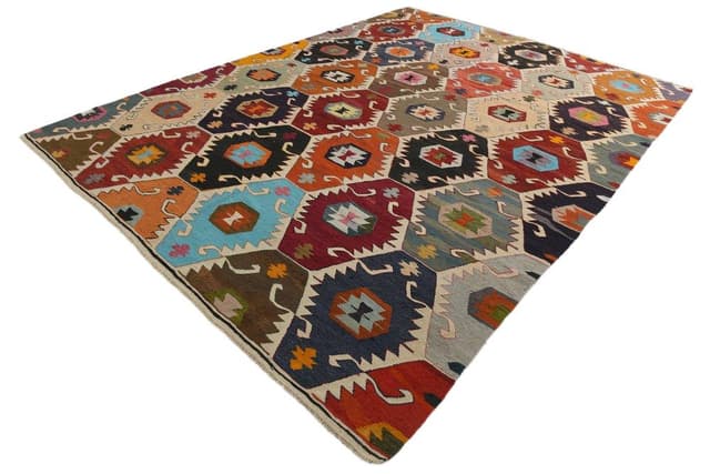 Kilim 385x286 cm, czerwony, niebieski, wełna, Turcja, lata 70. - WYMIARY