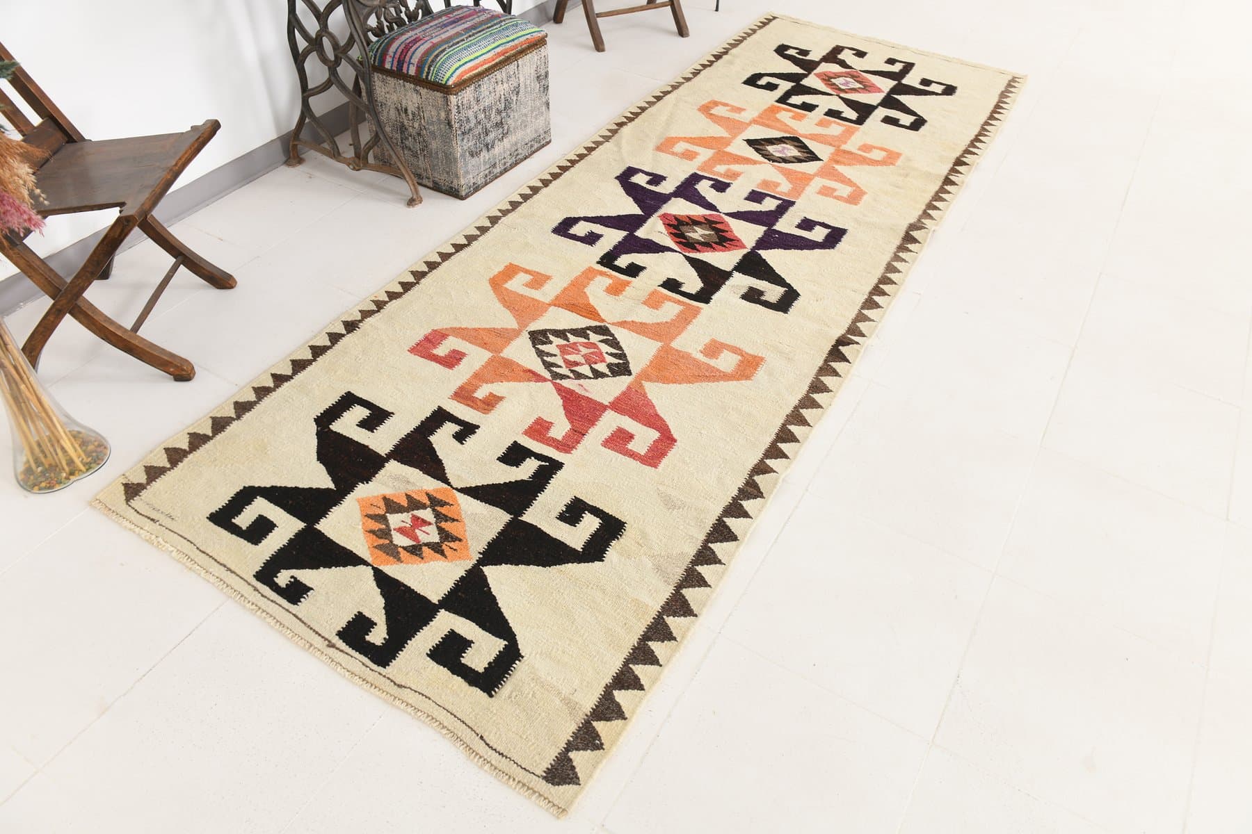 Chodnik 330x117 cm, beżowy, czarny, wełna, lata 70. - 216103