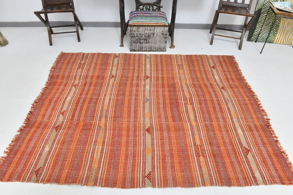 Kilim 204x161 cm, pomarańczowy, beżowy, wełna, lata 70. - 216091