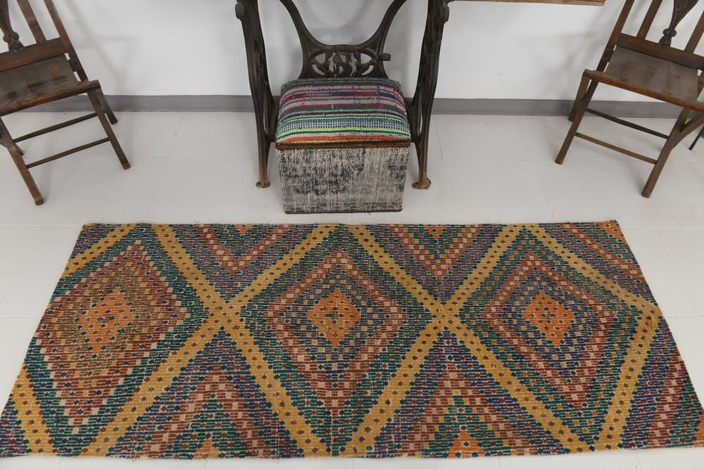 Chodnik 86x211 cm, niebieski, koralowy, wełna, lata 70. - 216054