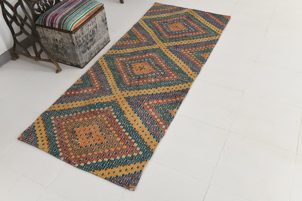 Chodnik 86x211 cm, niebieski, koralowy, wełna, lata 70. - 216053