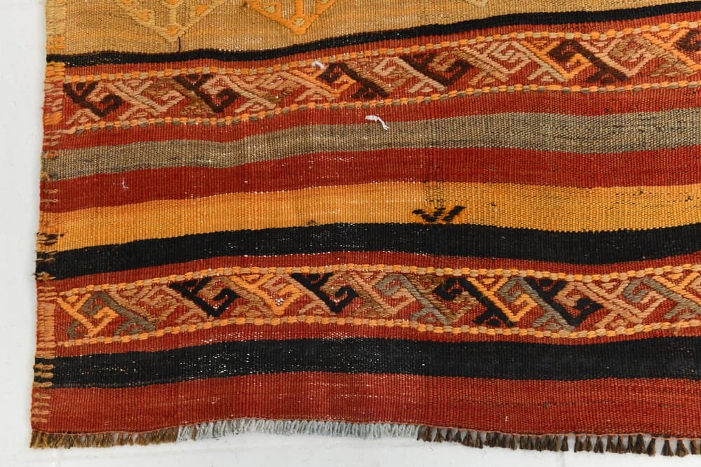 Kilim 108x425 cm, karminowy, oliwkowy, wełna, lata 70. - 216035