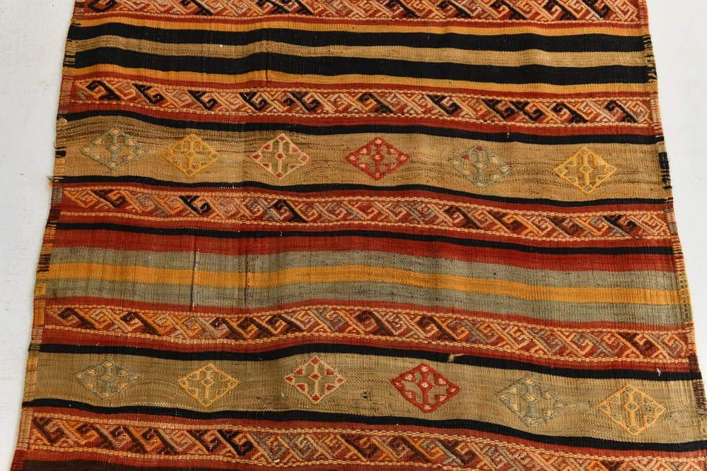 Kilim 108x425 cm, karminowy, oliwkowy, wełna, lata 70. - 216031