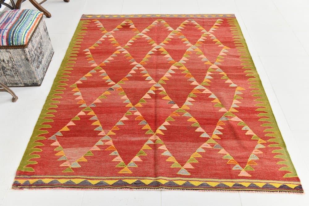 Kilim 197x155 cm, czerwony, wełna, lata 70. - 216004