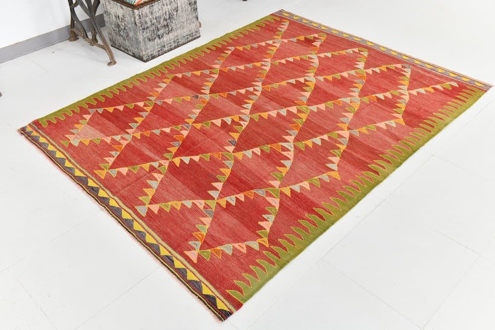 Kilim 197x155 cm, czerwony, wełna, lata 70. - 216001