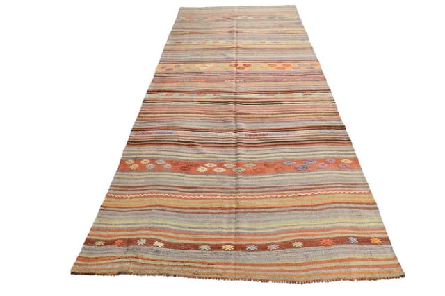 Kilim 152x364 cm, brązowy, beżowy, wełna, lata 70. - WYMIARY